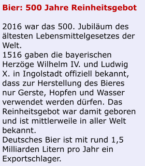 Bier: 500 Jahre Reinheitsgebot  2016 war das 500. Jubiläum des ältesten Lebensmittelgesetzes der Welt. 1516 gaben die bayerischen Herzöge Wilhelm IV. und Ludwig X. in Ingolstadt offiziell bekannt, dass zur Herstellung des Bieres   nur Gerste, Hopfen und Wasser verwendet werden dürfen. Das Reinheitsgebot war damit geboren und ist mittlerweile in aller Welt bekannt. Deutsches Bier ist mit rund 1,5 Milliarden Litern pro Jahr ein Exportschlager.